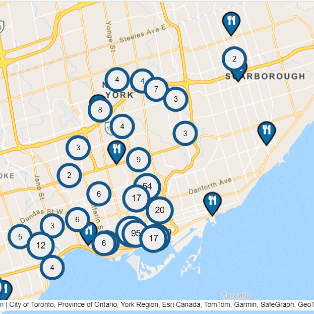 Une carte de Toronto identifiant la position des restaurants participants au festival Summerlicious.
