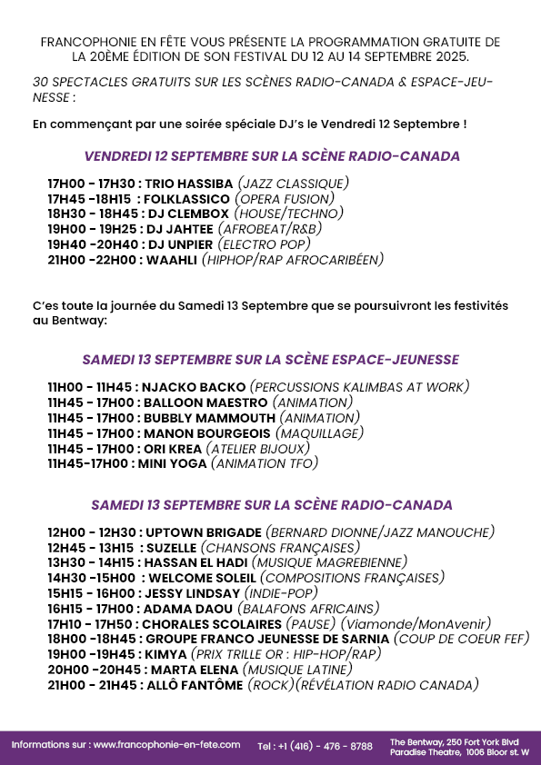 Francophonie en Fête 2025 programmation